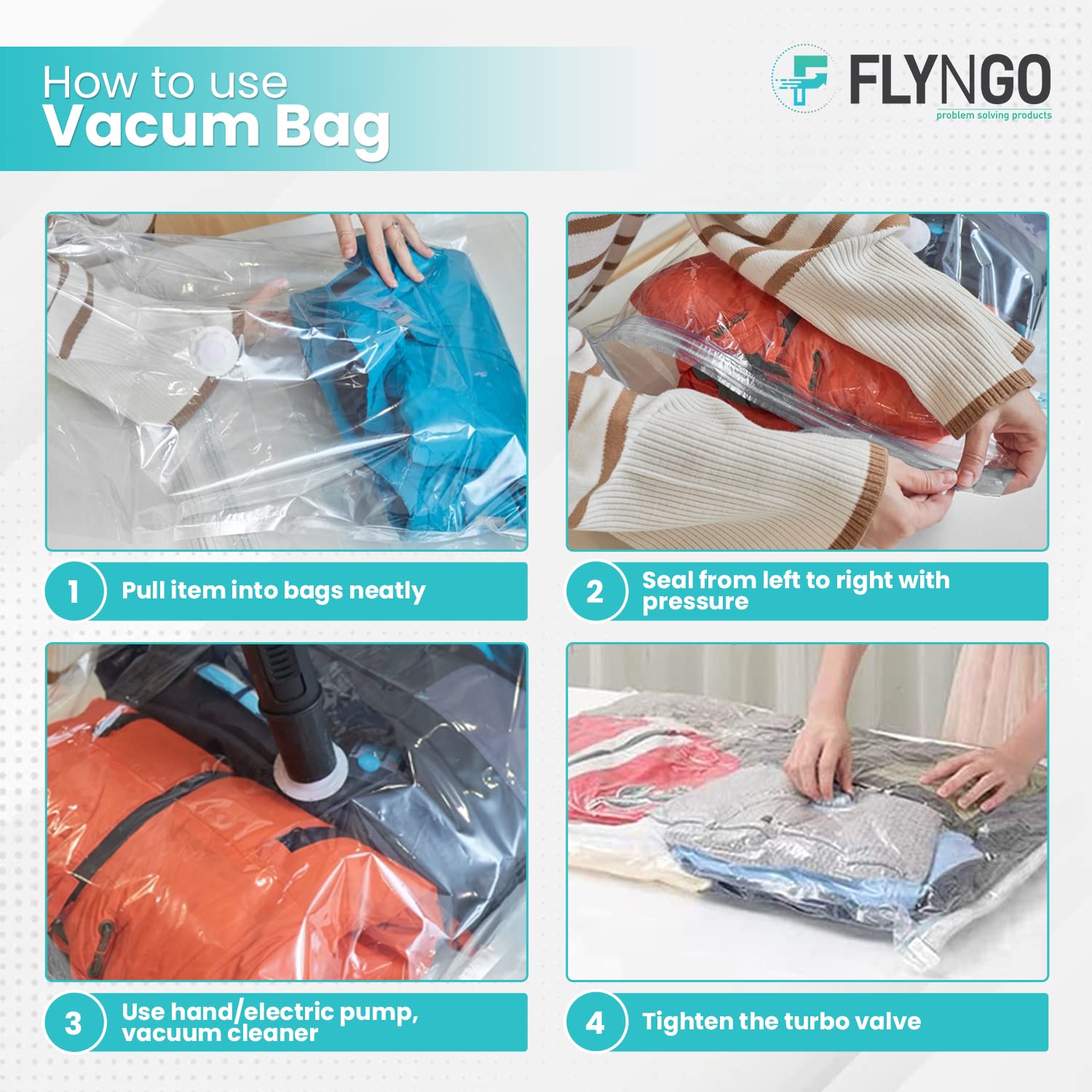 FLYNGO Reusable Ziplock Vacuum Storage Space Saver Bags for Clothes with Travel Hand Pump - Pack of 3 (Jumbo (70cmx100cm))